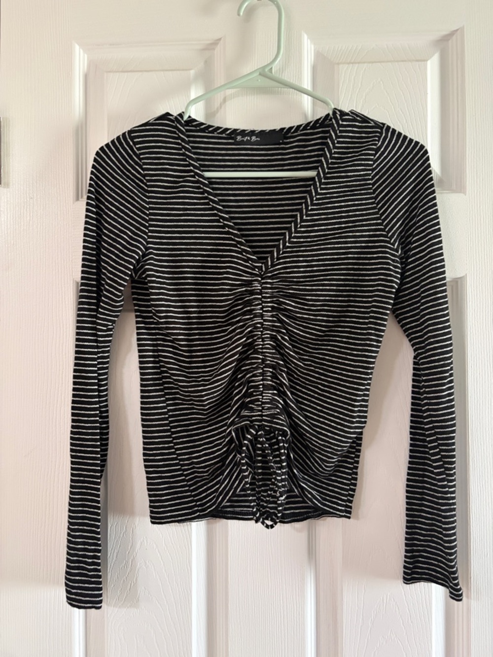 Striped Black & White Ruched Long-Sleeve Top